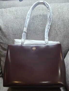 Tory Burch Deep Burgundy Patent Leather Tote with Gold Logo: Britten Smooth Tote